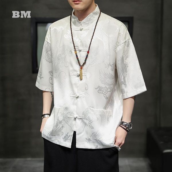 

men's casual shirts summer short sleeved shirt hinese style plus size stand-up collar tai chi hanfu men clothing harajuku coat male, White;black