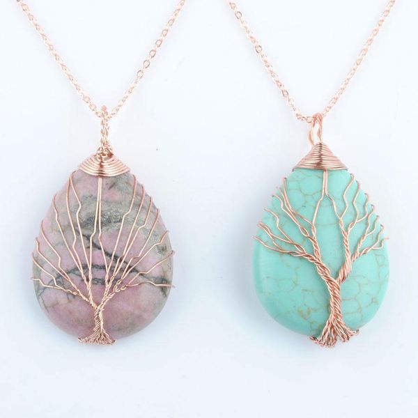 

natural quartz opal stone pendant & necklace rose gold handmade tree of life wrapped drop shaped crystal, Silver