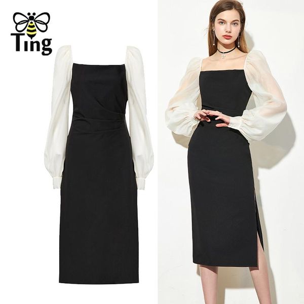 

casual dresses tingfly vintage elegant summer black office style dress square collar long lantern sleeve knee length vestidos robes zaful, Black;gray