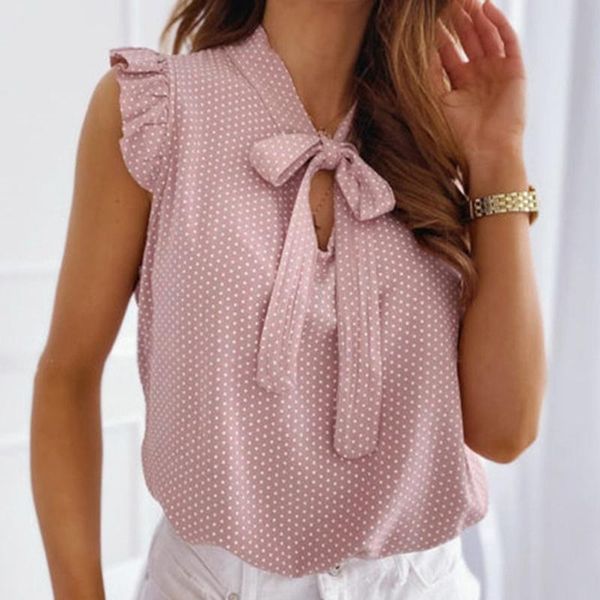 

women's blouses & shirts women and office lady slim lace up polka dot printed casual butterfly sleeve shirt female blusas, White