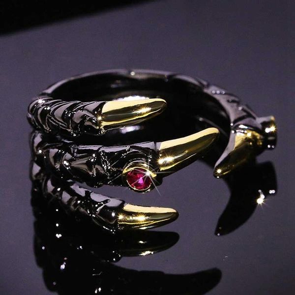 

wedding rings vintage punk men's two tone tungsten dragon claw red zircon stone inlay retro biker rock personality jewelry gift, Slivery;golden