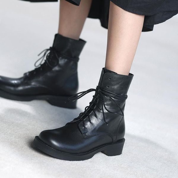 

boots genuine cow leather ladies round toe lace-up short british style women's thick heel flat ankle, Black