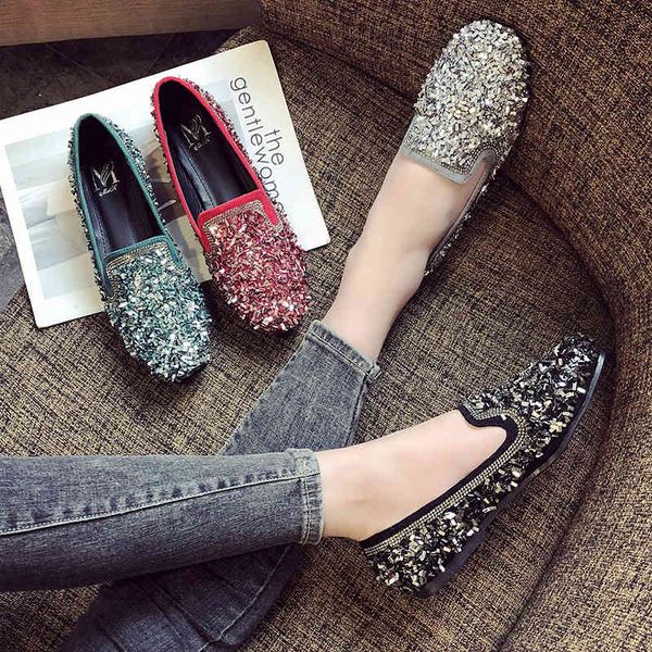 

dress shoes bling crystal glitter flat loafers women slip on square toe moccasins flock soft bottom paillette espadrilles ladies qxyk, Black
