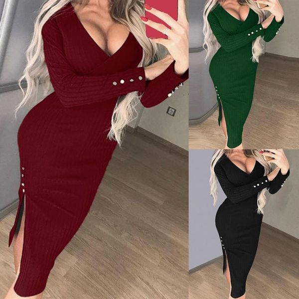 

women's v-neck bag arm solid color bead long sleeve dress casual dresses, Black;gray