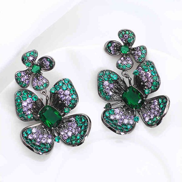 

luxury flower design cubic zirconia women fashion wedding banquet drop earrings brass jewelry, Golden