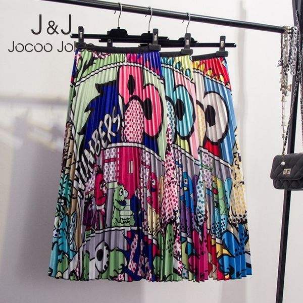 Jocoo Jolee Women Fahsion мультфильм шаблон плиссированные юбки летняя высокая талия повседневная шифон MIIFIFON рубашки плюс размер A-линии юбки 210518