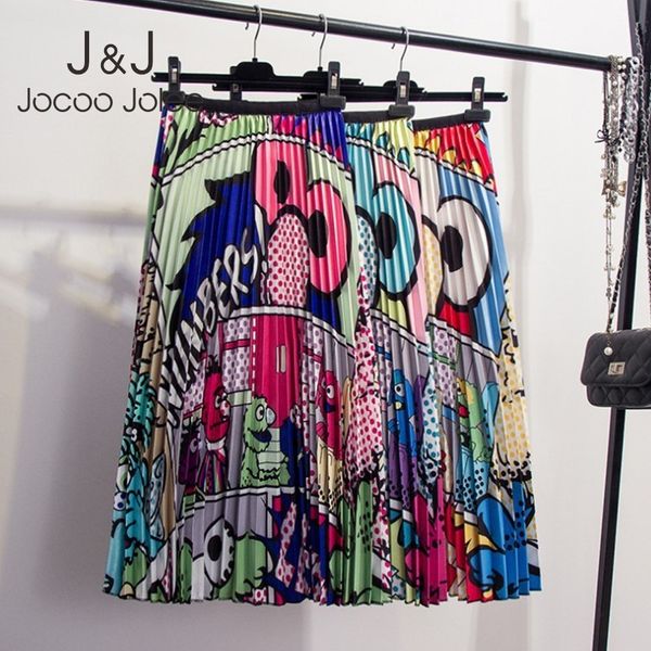 

jocoo jolee women fahsion cartoon pattern pleated skirts summer high waist casual chiffon midi shirts plus size a-line skirts 210518, Black