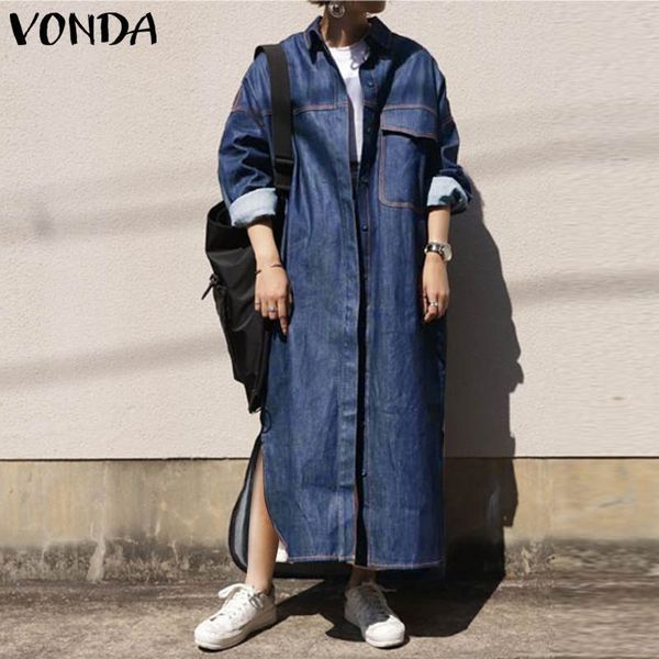 

dresses women casual sleeve lapel collar solid demin dress long maxi vestido 2021 vonda holiday sundress femininas plus size, Black;gray