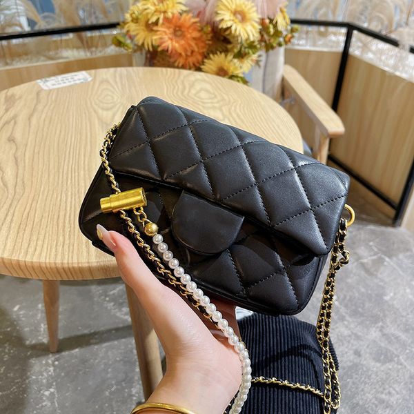 

22ss classic mini flap square bags calfskin genuine leather matelasse pearl chain adjustable shoulder strap gold hardware quilted designer l
