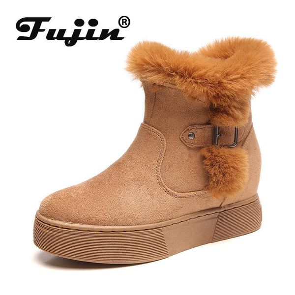 

boots fujin women snow fur platform ankle warm shoes fashion buckle winter, Black