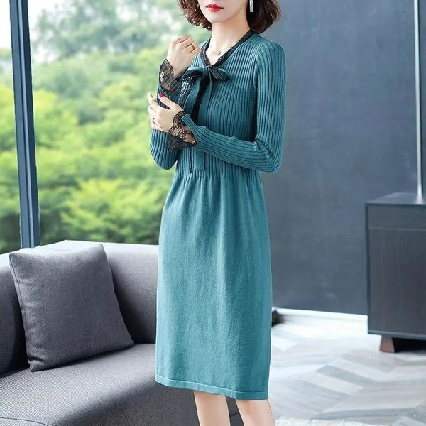 

casual dresses kawaii bow a-line knit dress women 2021 winter thick warm lace-patchwork sweater korean style loose midi base, Black;gray