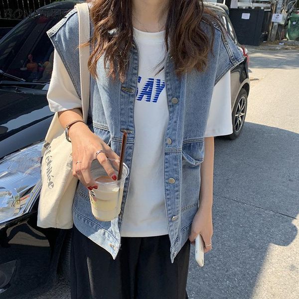 

women's vests women high street summer chic all-match ladies denim outwear cargo stylish simple basic sleeveless pocket womens jackets, Black;white