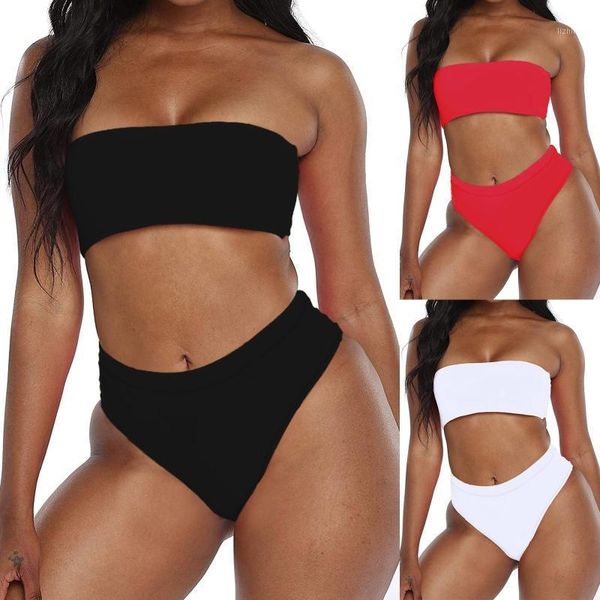 

women's swimwear women two piece swimsuit push up bikini beachwear bathing suit padded ladies high waist bandeau printed, White;black