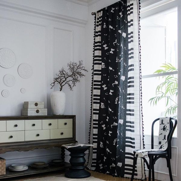 

curtain cotton and linen piano printing american black tassel kitchen living room country style finished bay window & drapes