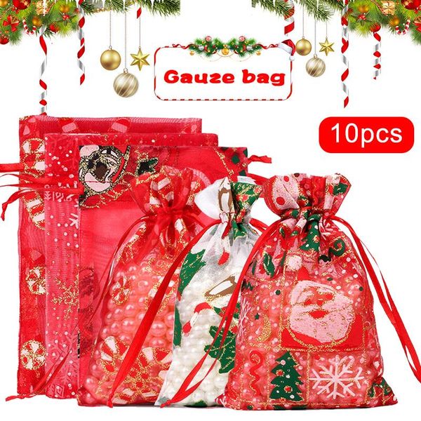 

christmas decorations 10pcs/set drawstring gift bags cartoon pattern bronzing pouch