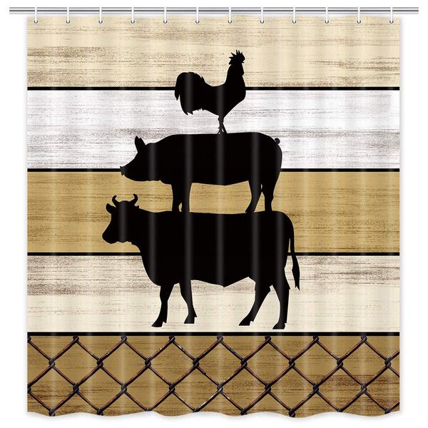 

rustic farmhouse shower curtain, vintage farm animal cattle wooden barn wall with cow chicken decor bathroom fabric shower