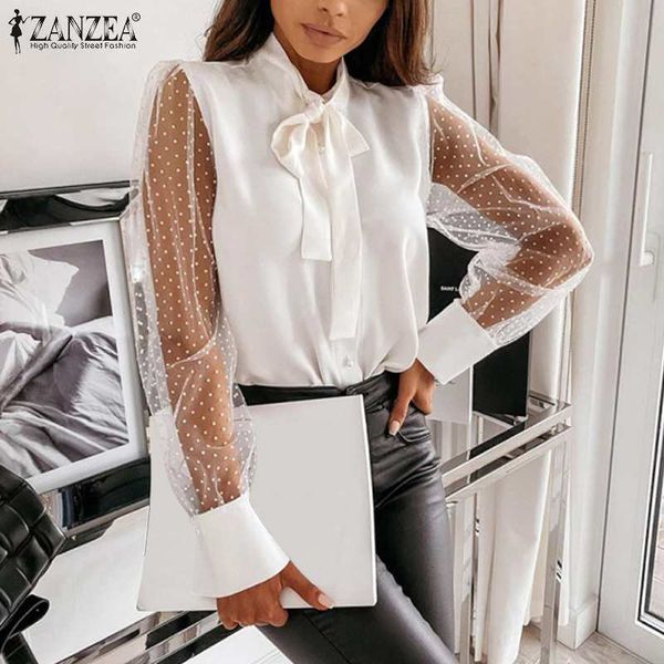 

blouses elegant women satin blouses 2021 summer ol office lady lace up shirts casual see through mesh solid plus size 5xl, White