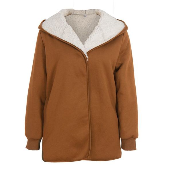 

women's jackets 2021 women solid colour hoodie coat with a zipper and fuzzy warm casual loose ladies coats, Black;brown