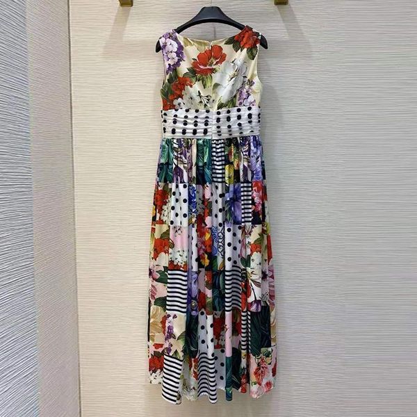 

casual dresses summer women bohemain sleeveless runway fashion v-neck dots flower porcelain print long holiday dress, Black;gray