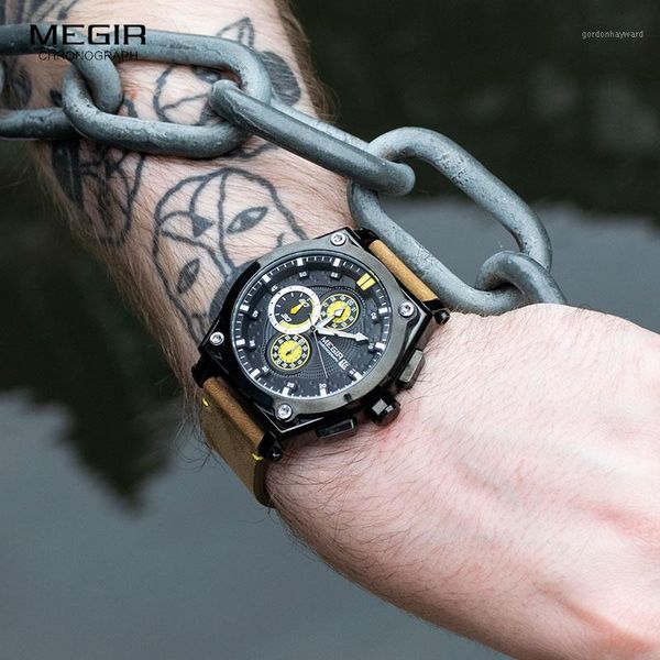 wristwatches megir mens analog quartz brand leather strap chronograph sport watches men clock relogio masculino reloj hombre, Slivery;brown