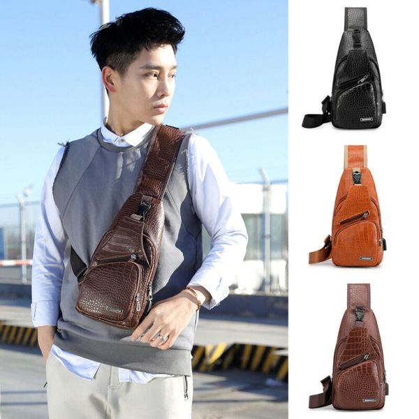 

est creative men pu leather sling chest pack crossbody sport shoulder bag usb charging boy crocodile pattern waist bags