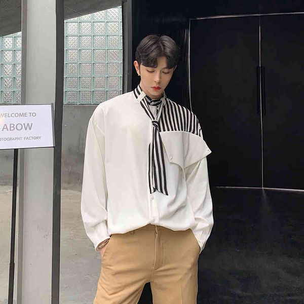 

men's casual shirts autumn stripe tie loose long sleeve hawaiian shirt two color french cuff mens fashion camisa masculina -xl ri, White;black