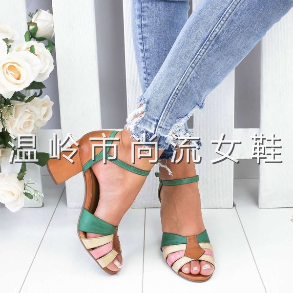 

summer fish mouth high heel thick color matching buckle women's sandals size 43, Black