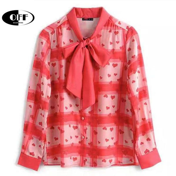 

women's blouses & shirts casual red bow collar long sleeve office business work love plaid plus size 3xl elegant woman femme, White