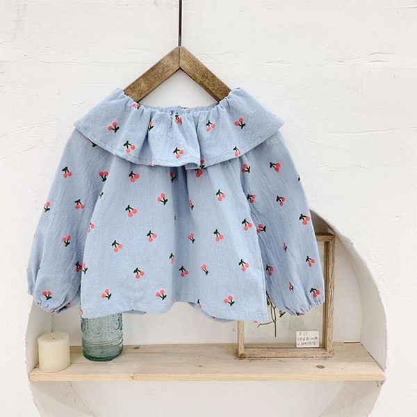 

shirts children's clothes baby girls spring shirt school blouses girl cotton cherry printed big turn-collar, White;black
