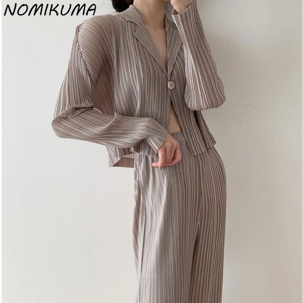 

women's two piece pants nomikuma korean folds women pant sets single button notched collar + high waist wide leg long 2021 suits 6k653, White