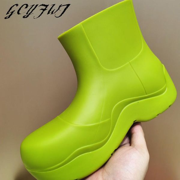 

boots shallow women's mid calf solid color flat platform round toe women rain rome thick bottom slip-on girl shoes, Black