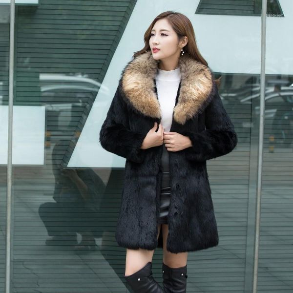 

women's fur & faux large real collar fashion whole skin natural jackets women plus size genuine coats outerwear 2021 winter, Black