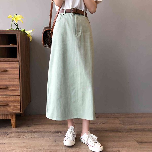 

casual dresses high waist slim split denim skirt women's 2021 summer solid mid-calf saias korean a-line long 575s, Black;gray