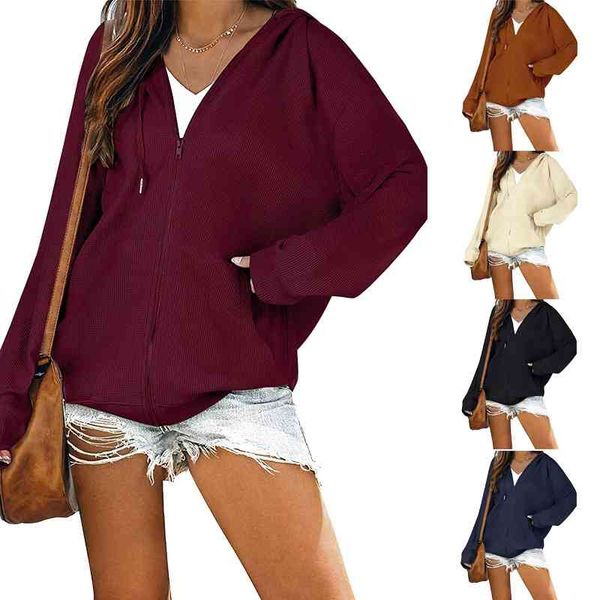 

2021 new women's casual zipper long sleeve waffle hoodie, Tan;black