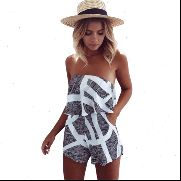 

summer womens romper women bandeau jumpsuit print playsuits by pockets plus size overalls combinaison femme xs 3xl, Black;white