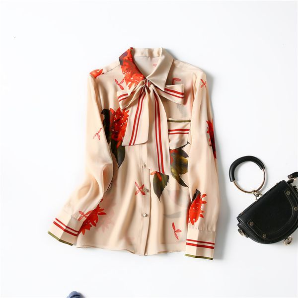 

women's blouses & shirts europe and the united states women's clothing new spring long-sleeved bow lapel fashionable printed silk, White