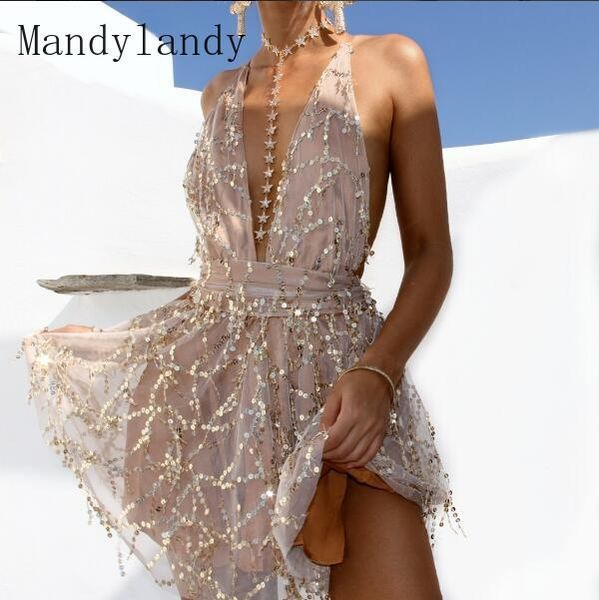 

casual dresses mandylandy dress summer fashion halter backless pleated v-neck spaghetti strap women sequined tassels slim-fit, Black;gray