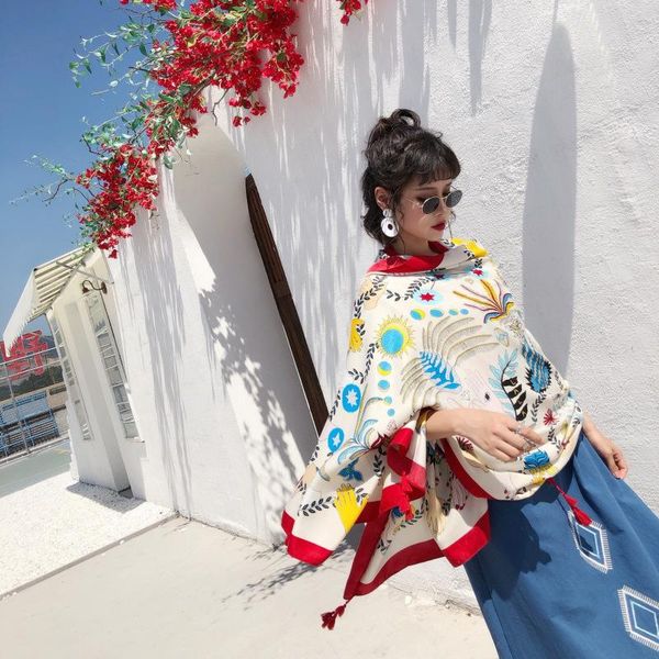 

scarves ethnic style printing autumn and winter tassel extended scarf women's travel sunscreen silk dual purpose shawl neck, Blue;gray