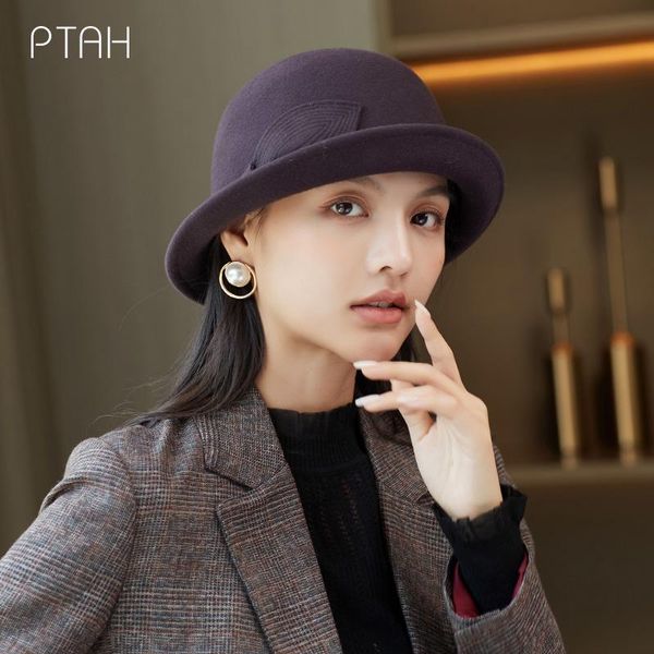 

stingy brim hats [ptah] fedora hat for women temperament elegant 2021 autumn winter ladies 100% wool banquet fedoras, Blue;gray