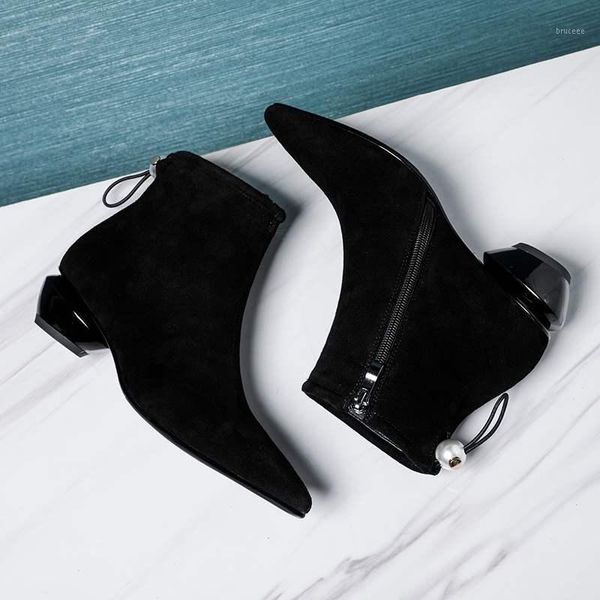 

boots 2021 winter shoes women's ankle kid suede strange style pearl concise office lady work1, Black