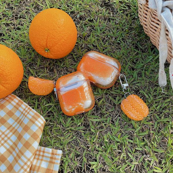 Dinâmico Liquid Case para AirPods Casos Laranja Bonito Alimentos Clear Glitter Cobertura Protetora Fruit Laranjas Quicksand Air Pods 2 Pro