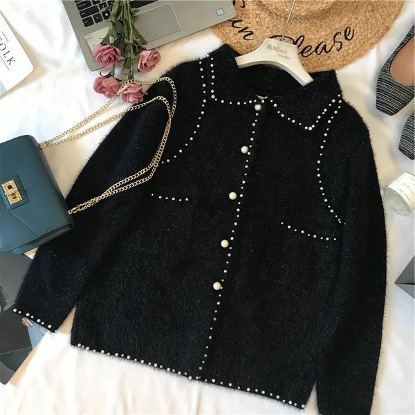 

women's sweaters 2021 autumn winter women fashion loose casual elegant soft cashmere cardigan jacket pearl beads wool warm knitted coat, White;black
