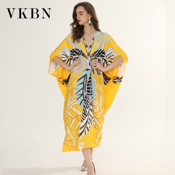 

vkbn spring summer dress women industrial for women dresses printing batwing sleeve v-neck large sizes 210507, Black;gray