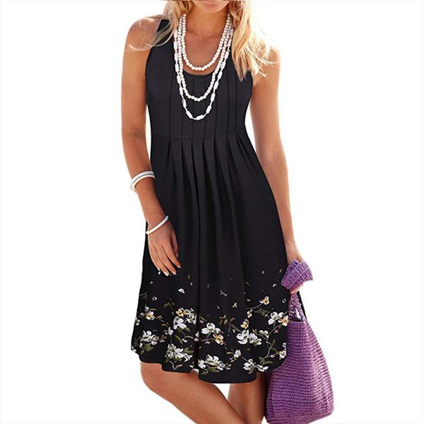 

beach short style o neck womens dress print casual sleeveless summer plus size flower printed g4, Black;gray