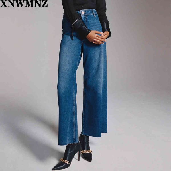 

xnwmnz za women fashion premium marine straight jeans vintage patch pockets seamless hems high waist zip fly button denim female 210513, Blue