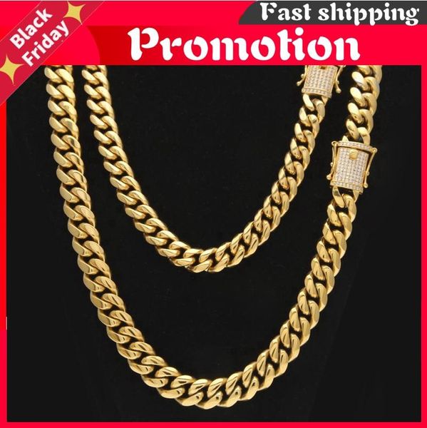 

chains stainless steel cuban link chain with bling cz zirconia triple lock luxury necklace 12&14mm hiphop men jewelry, Silver