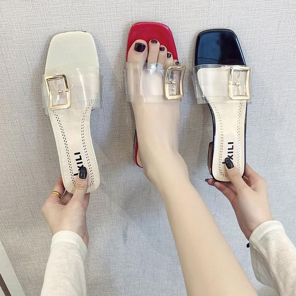 

slippers transparent ladies shoes female summer women woman mules square med heels casual party metal buckle elegant beach, Black