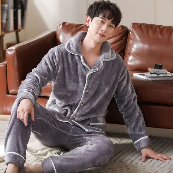 

grey plus size 3xl nightwear long mouwen winter thicken warm flanel pyjamas sets soft broek men's pajamas sets, Black;brown