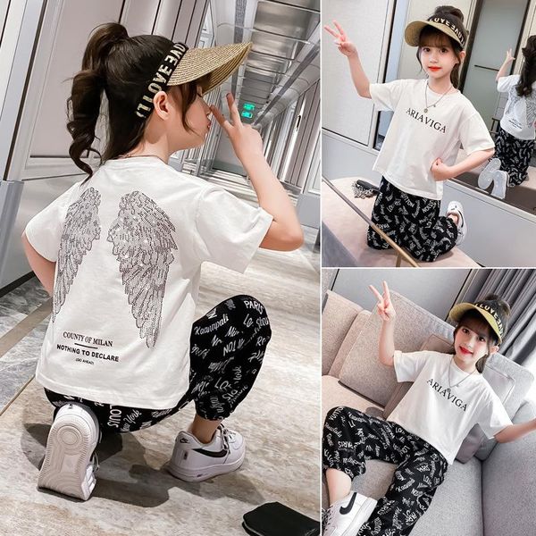 

girls 2021 summer short-sleeved t-shirt cropped trousers cotton casual suit clothing sets, White