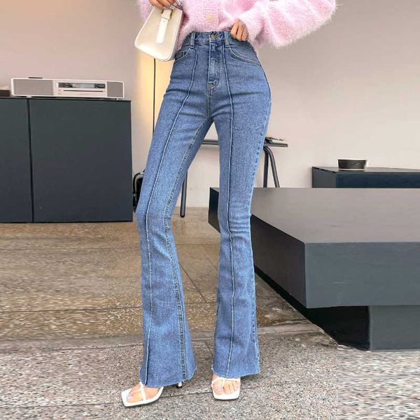 

women's jeans vintage chic high waist button ladies flare trousers 2021 summer autumn streetwear tassels female denim pants wj298, Blue